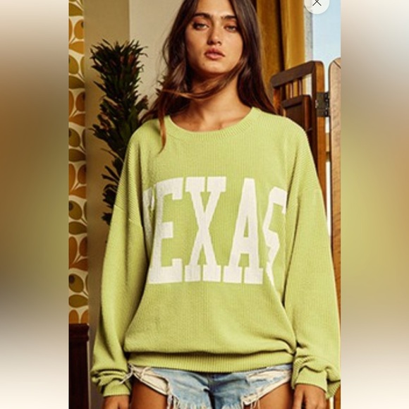 BUCKETLIST Tops - 455. “TEXAS” lime green ribbed comfy pullover sweatshirt